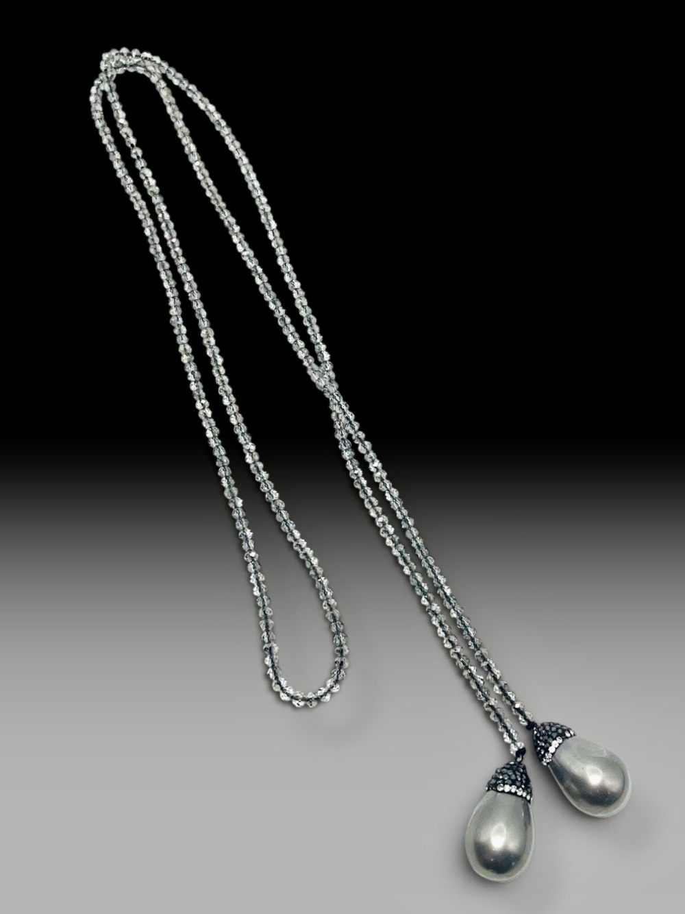 Stunning Vintage Silver Tone Crystal Pearl Drop Open Lariat Necklace Estate